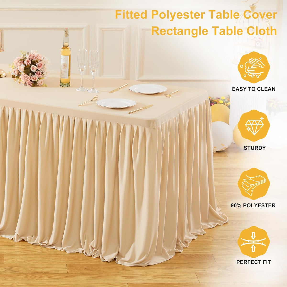 2 Pack Champagne Rectangle Table Clothes for 6 Foot Tables, Polyester Fitted Tablecloths 6t Stretch Table Cover for Wedding, Birthday, Parties, Trade Show, Craft Show