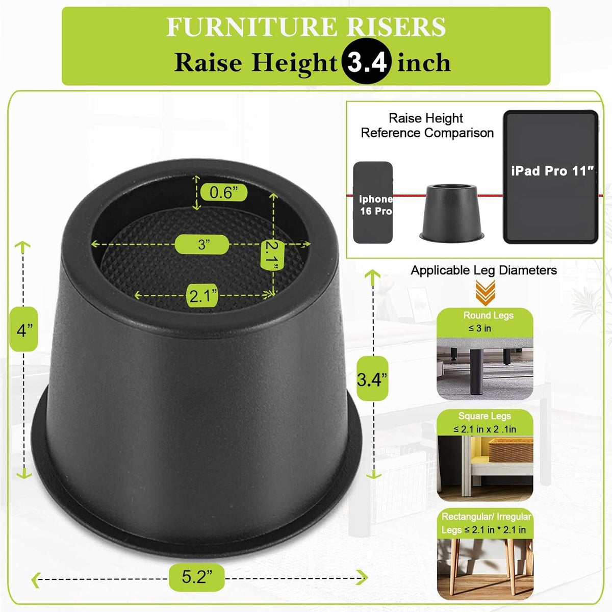 4 Pack Furniture Risers 4 Inch, Bed Risers Heavy Duty for Table Desk Couch Chair Sofa Cabinet Bed Frame Dorm, Round Table Leg Risers Lift Height 3.4", Black