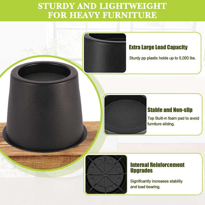 4 Pack Furniture Risers 4 Inch, Bed Risers Heavy Duty for Table Desk Couch Chair Sofa Cabinet Bed Frame Dorm, Round Table Leg Risers Lift Height 3.4", Black