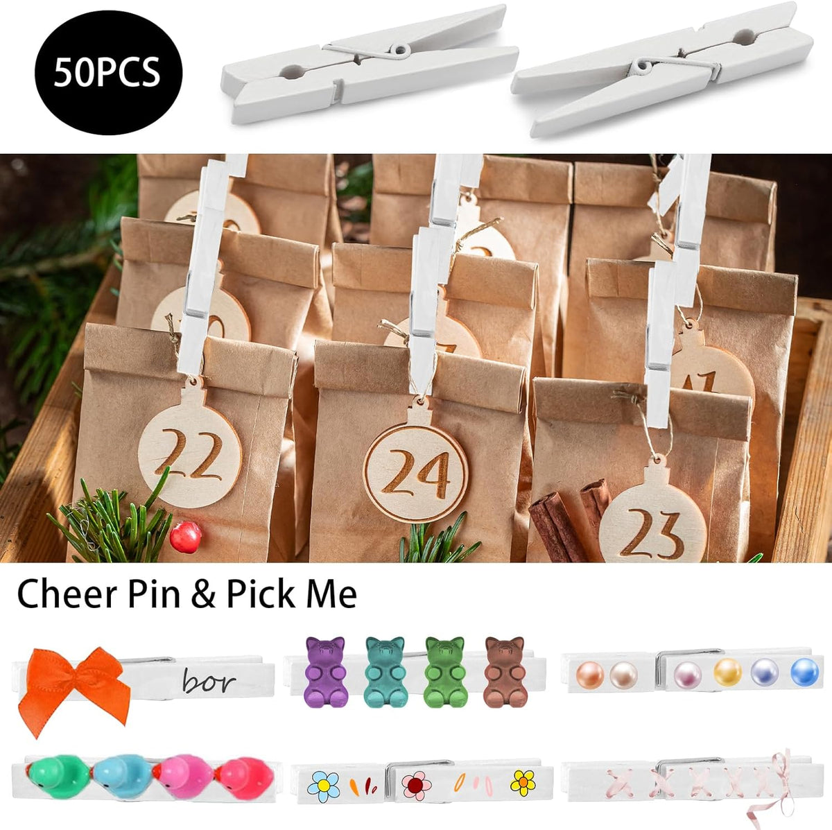 50Pcs White Wooden Clothespins, 2.9 inch Clothes Pins for Crafts, Natural Laundry Hanging Clips, DIY Cheer Pin