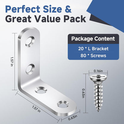20PCS L Bracket Corner Brace Sets, Stainless Steel L Brackets for Wood Shelves, 90 Degree Right Angle Bracket with 80 Screws, Metal Corner Brackets for Furniture Cabinet Drawer Chair (1.57x1.57 in)