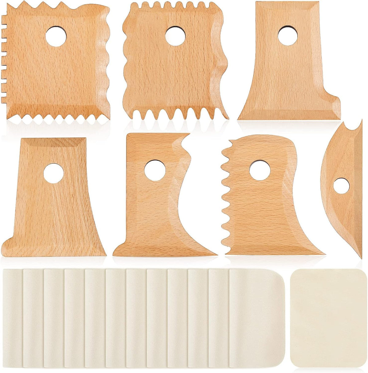 27 Pcs Pottery Trimming Tools Set Ribs Ceramics Foot Shaper with 20 Pre-Cut Chamois Cloth Wood Rib for Carving Clay Molds Texture Supplies