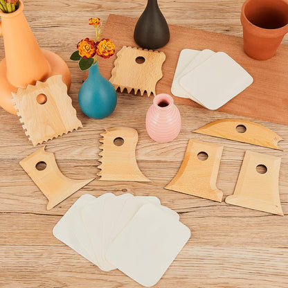 27 Pcs Pottery Trimming Tools Set Ribs Ceramics Foot Shaper with 20 Pre-Cut Chamois Cloth Wood Rib for Carving Clay Molds Texture Supplies