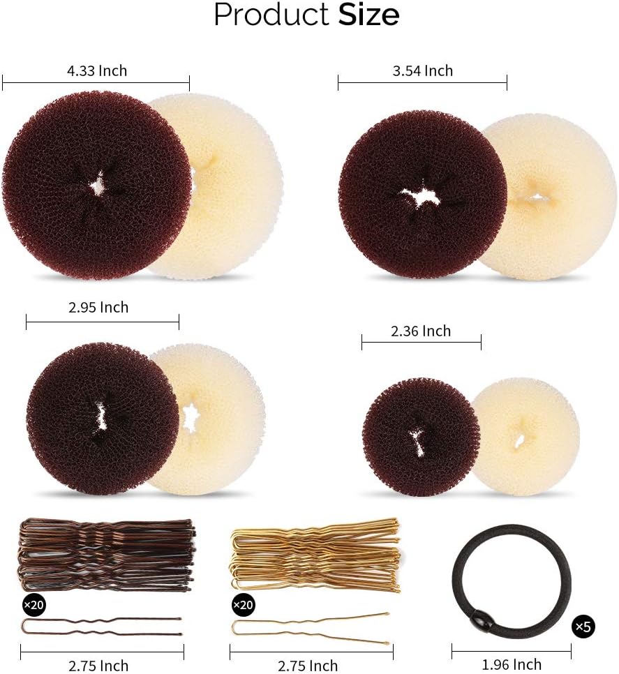 Hair Bun Maker Set, Donut Bun Maker Set With 4pcs Dark Brown &4pcs Beige(2 extra-large,2 large,2 medium and 2 small), 5 pieces Hair Elastic Bands, 40 pieces Hair Bobby Pins (Brown and Gold)