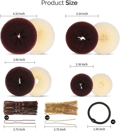 Hair Bun Maker Set, Donut Bun Maker Set With 4pcs Dark Brown &4pcs Beige(2 extra-large,2 large,2 medium and 2 small), 5 pieces Hair Elastic Bands, 40 pieces Hair Bobby Pins (Brown and Gold)