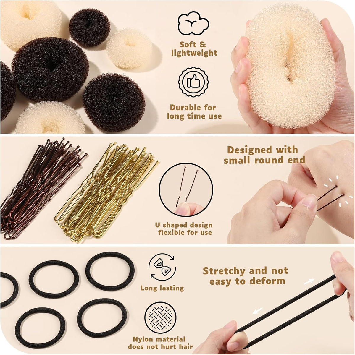 Hair Bun Maker Set, Donut Bun Maker Set With 4pcs Dark Brown &4pcs Beige(2 extra-large,2 large,2 medium and 2 small), 5 pieces Hair Elastic Bands, 40 pieces Hair Bobby Pins (Brown and Gold)