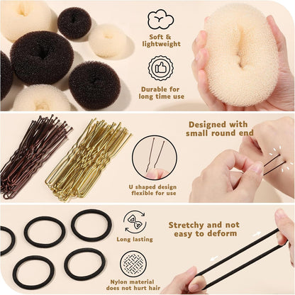Hair Bun Maker Set, Donut Bun Maker Set With 4pcs Dark Brown &4pcs Beige(2 extra-large,2 large,2 medium and 2 small), 5 pieces Hair Elastic Bands, 40 pieces Hair Bobby Pins (Brown and Gold)