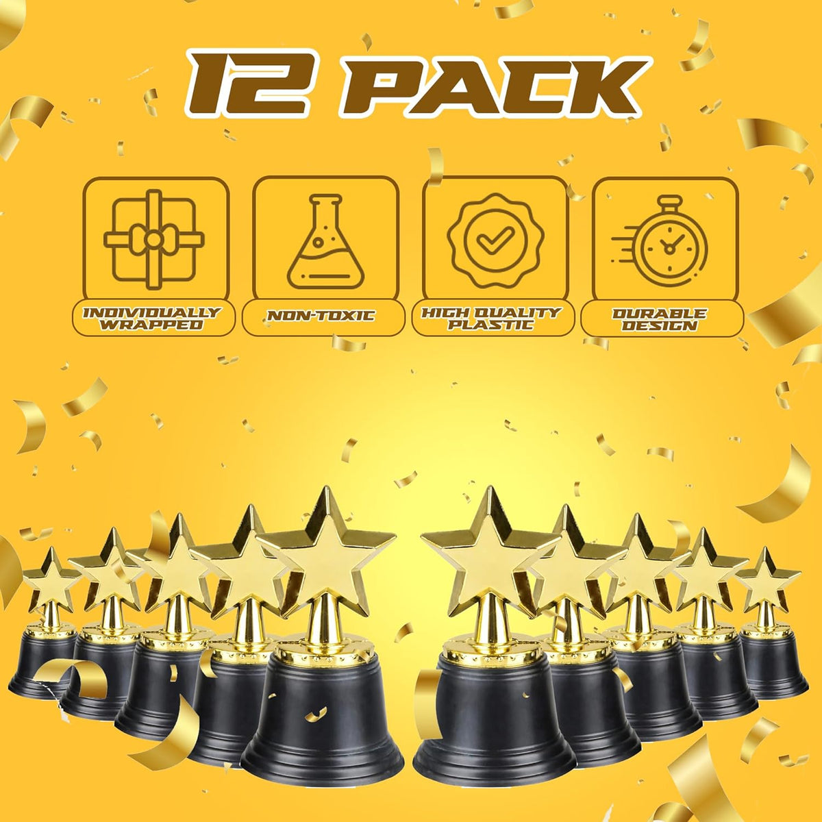 Star Trophy Awards - Pack of 12 Bulk - 4.5 Inch, Gold Award Trophies for Kids Party Favors, Props, Rewards, Winning Prizes, Competitions for Kids and Adults
