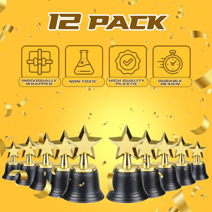 Star Trophy Awards - Pack of 12 Bulk - 4.5 Inch, Gold Award Trophies for Kids Party Favors, Props, Rewards, Winning Prizes, Competitions for Kids and Adults