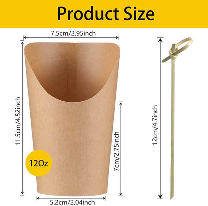 Charcuterie Cups with Cocktail Picks, 12 OZ Paper Appetizer Cups 24 Pcs with 4.7 Inch Bamboo Knot Skewers 100 Pcs, French Fries Holder Cones Brown, Party Supplies