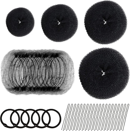Hair Donut Bun Maker Set - 4 Bun Shapers, 20 Invisible Nets, 5 Elastics, 20 Bobby Pins (Black)