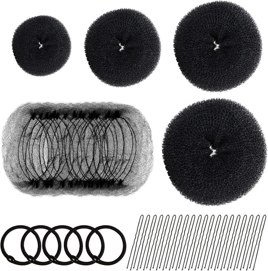 Hair Donut Bun Maker Set - 4 Bun Shapers, 20 Invisible Nets, 5 Elastics, 20 Bobby Pins (Black)