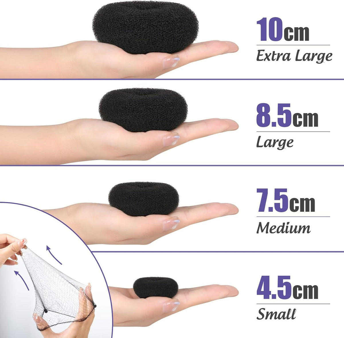 Hair Donut Bun Maker Set - 4 Bun Shapers, 20 Invisible Nets, 5 Elastics, 20 Bobby Pins (Black)