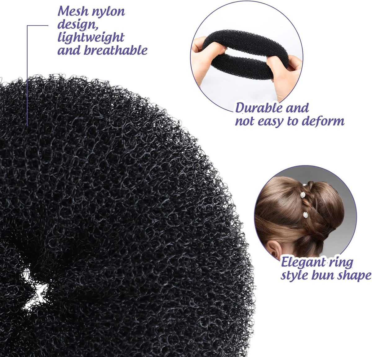 Hair Donut Bun Maker Set - 4 Bun Shapers, 20 Invisible Nets, 5 Elastics, 20 Bobby Pins (Black)