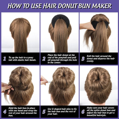 Hair Donut Bun Maker Set - 4 Bun Shapers, 20 Invisible Nets, 5 Elastics, 20 Bobby Pins (Black)