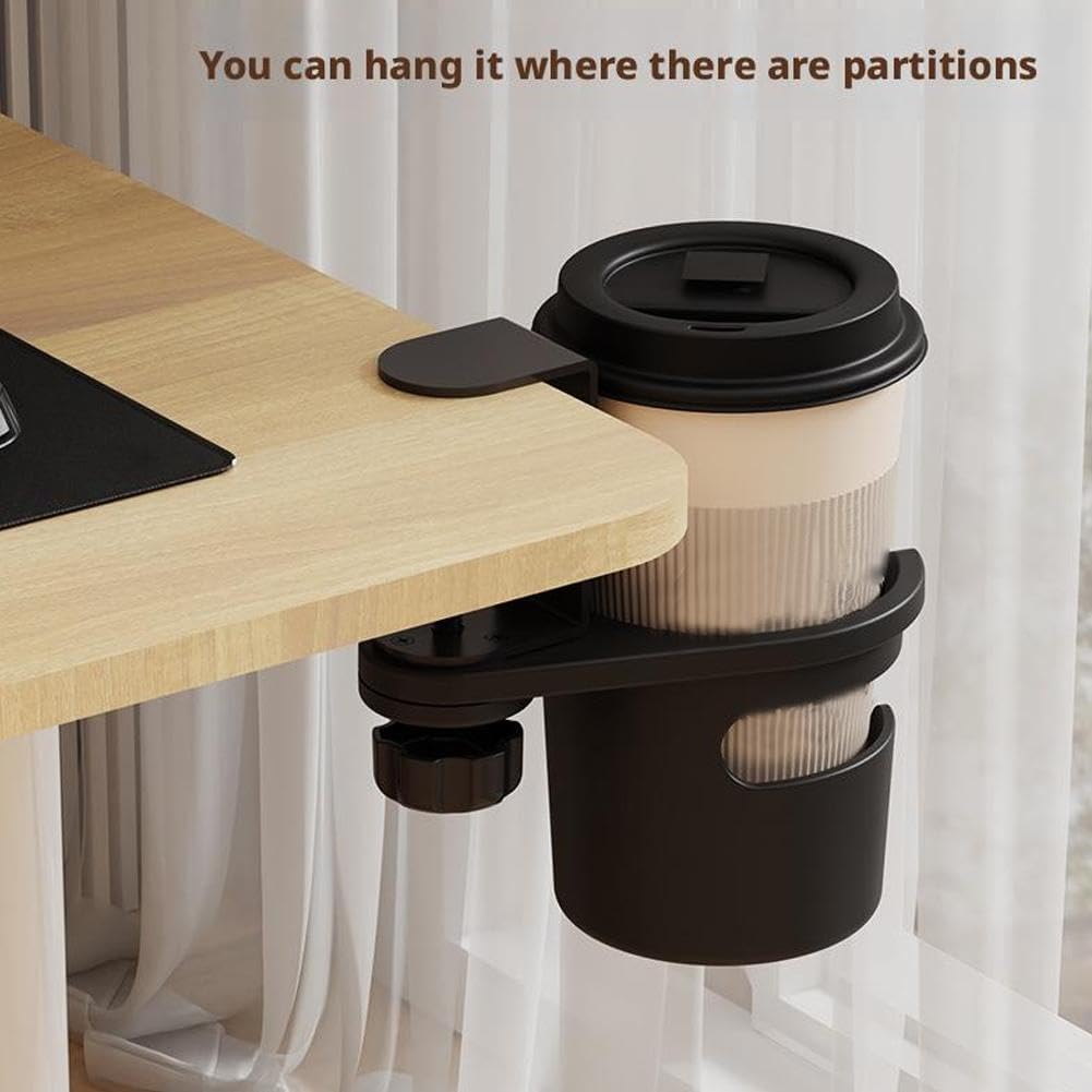 Desk Cup Holder, Anti-Spill Cup Holder for Desk, 180° Rotating Under Table Cup Holder, Desk Side Drinking Cup Holder, Coffee Mug Storage for Home Office Desk Gaming Desk Accessories (Black)