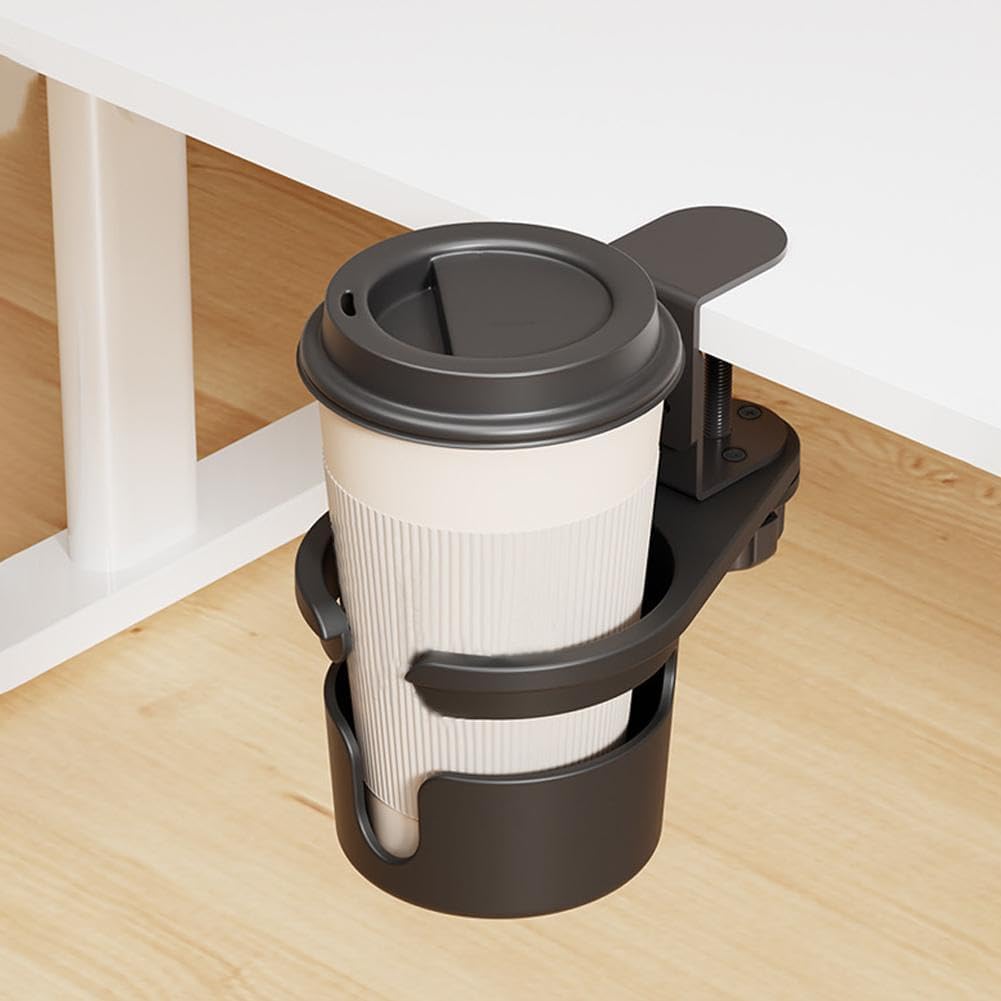 Desk Cup Holder, Anti-Spill Cup Holder for Desk, 180° Rotating Under Table Cup Holder, Desk Side Drinking Cup Holder, Coffee Mug Storage for Home Office Desk Gaming Desk Accessories (Black)