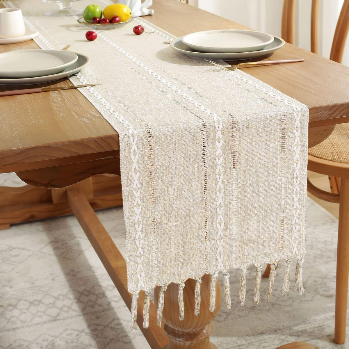 Fall Table Runner Farmhouse Rustic Style 13“ x 90”, Braided Striped Linen Cream Table Runner 90 Inches Long with Tassels for Dining Room Kitchen Reading Dresser Décor,Ivory White
