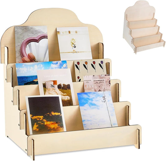 Greeting Card Display Stands 4Tier Durable Wooden Stickers Display Risers Multipurpose Portable Blank Retail Display Shelves Card Display Rack for Greeting Card Photos Postcard Literature (1)