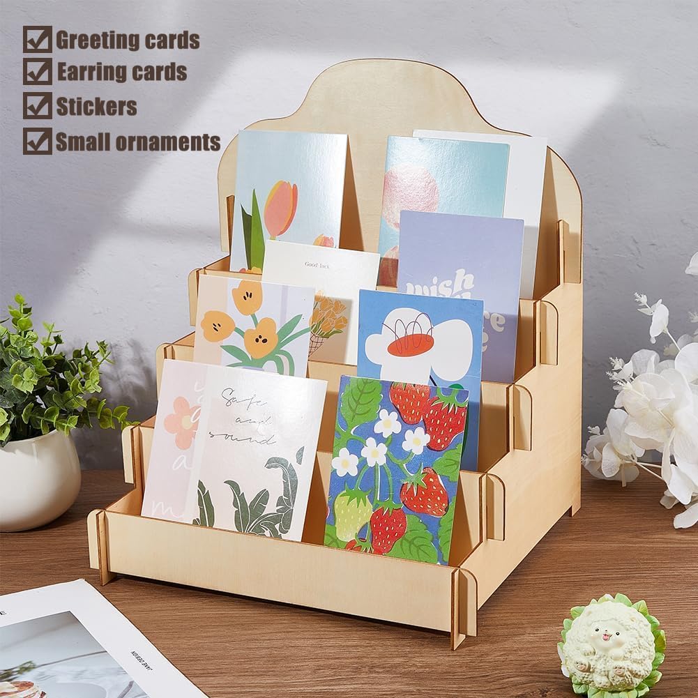 Greeting Card Display Stands 4Tier Durable Wooden Stickers Display Risers Multipurpose Portable Blank Retail Display Shelves Card Display Rack for Greeting Card Photos Postcard Literature (1)