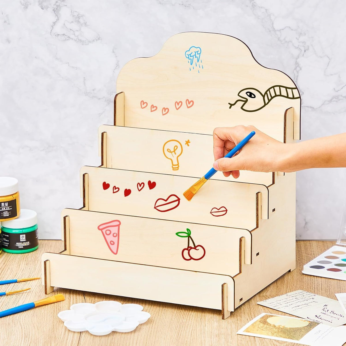 Greeting Card Display Stands 4Tier Durable Wooden Stickers Display Risers Multipurpose Portable Blank Retail Display Shelves Card Display Rack for Greeting Card Photos Postcard Literature (1)