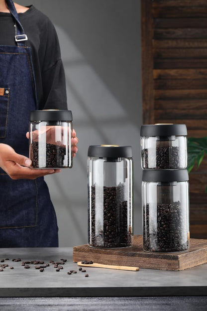Airtight Borosilicate Glass Coffee Bean Storage Container with Vacuum Sealed Lid, 2pcs Food Storage Jars for Dry Goods, Coffee Bar Necessity