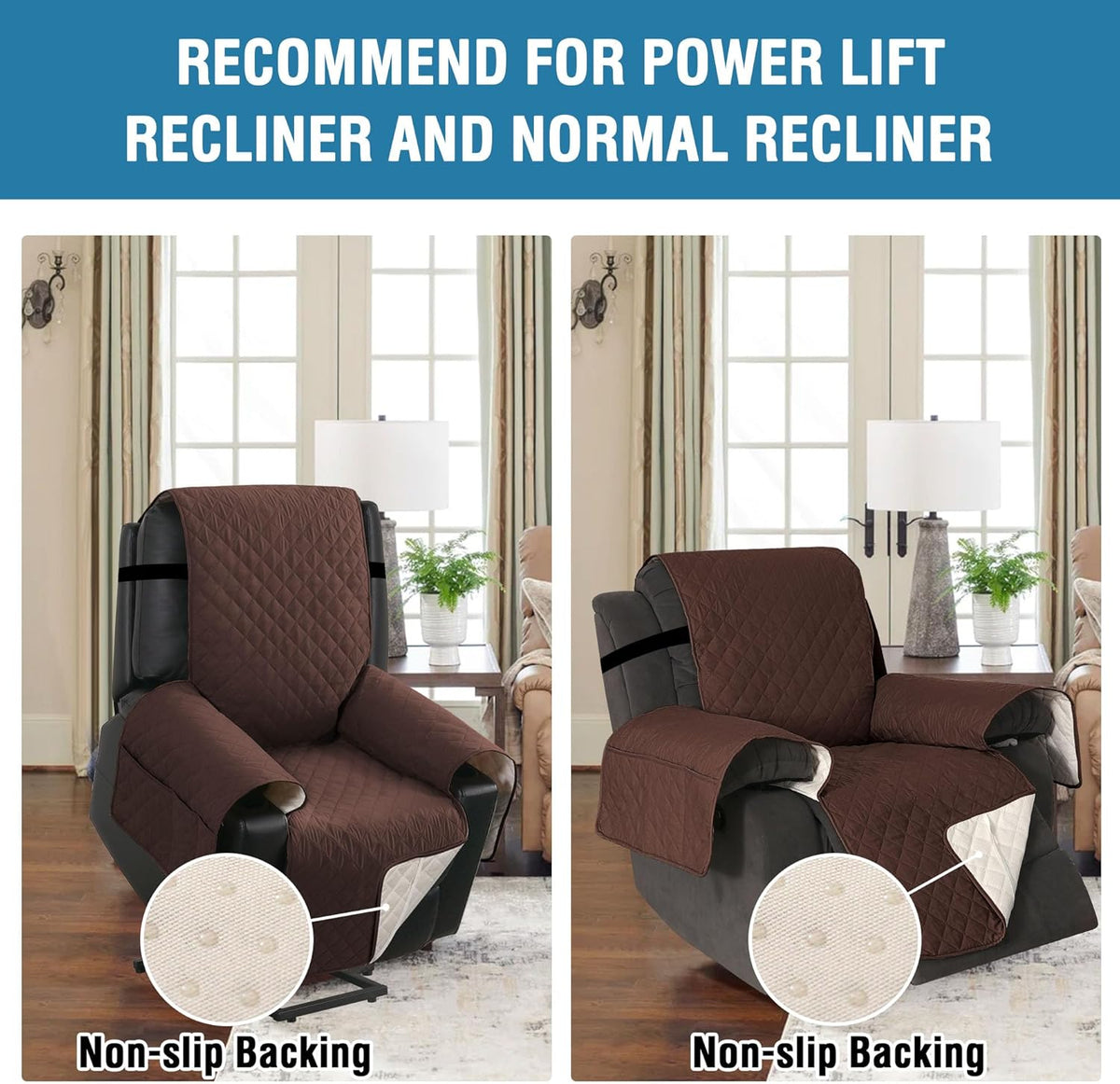 100% Waterproof Power Lift Recliner Chair Cover Non Slip Electric Covers for with Pocket Large Covers, Brown -