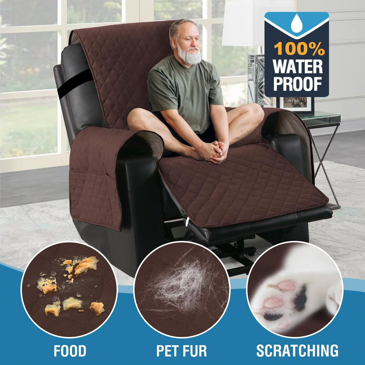 100% Waterproof Power Lift Recliner Chair Cover Non Slip Electric Covers for with Pocket Large Covers, Brown -