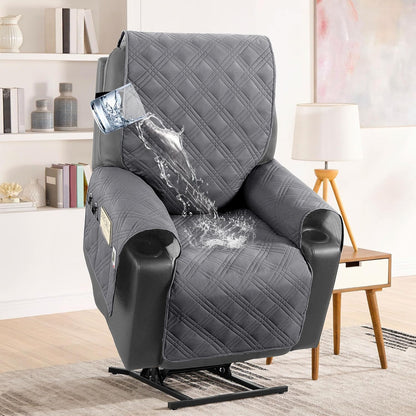 100% Waterproof Recliner Chair Cover Nonslip Stay in Place Electric Power Lift Slipcovers Fitted Standard Large with Side Pocket,Grey/Beige Grey/Beige -