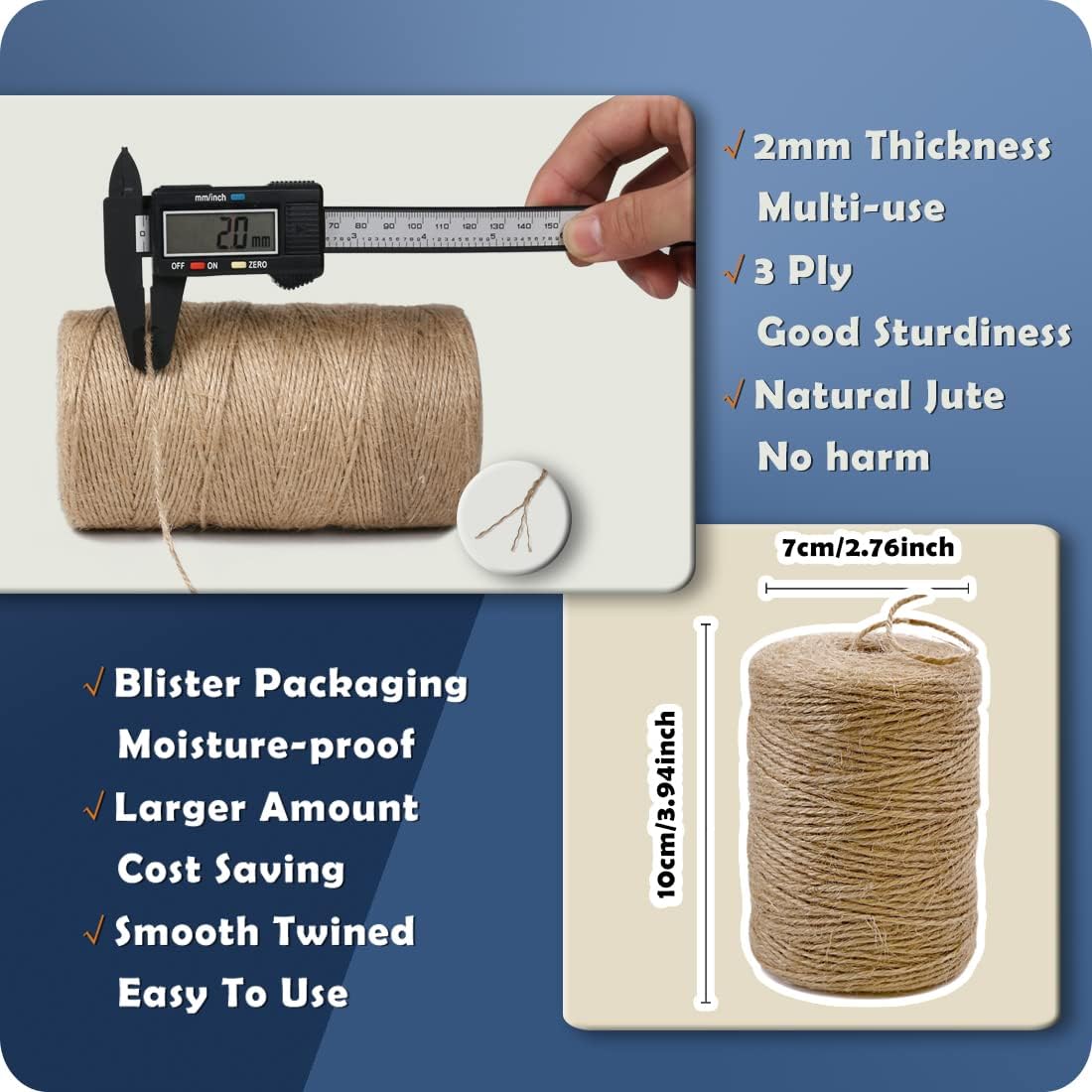 PerkHomy Natural Jute Twine 600 Feet Long String for Crafts Gift Wrapping Packing Gardening Crochet Knitting Macrame Decor (Brown 2mm * 600feet) (1/12 In) (182M)
