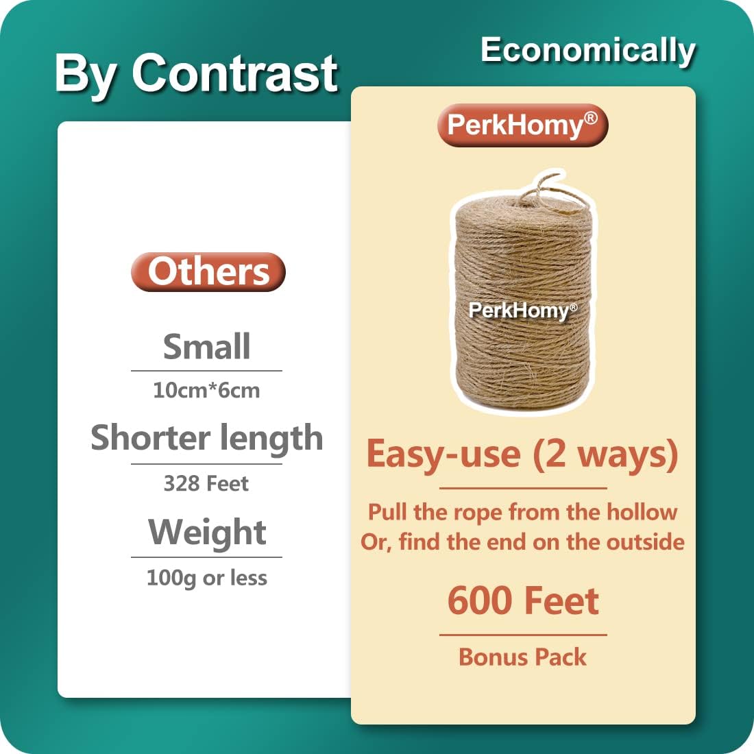 PerkHomy Natural Jute Twine 600 Feet Long String for Crafts Gift Wrapping Packing Gardening Crochet Knitting Macrame Decor (Brown 2mm * 600feet) (1/12 In) (182M)