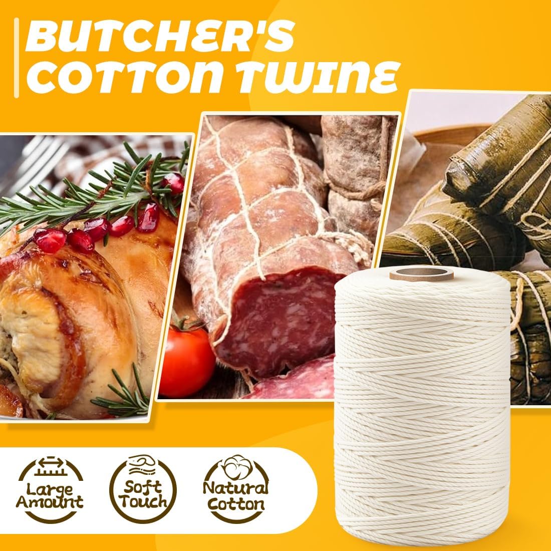 1,200ft (600ft x 2Rolls) Butchers Twine 2mm Cotton String for Cooking Kitchen Meat Turkey Sausage Roasting Baking Gift Wrapping DIY Crafts Crocheting Knitting Naturalwhite ( X 600 Feet ) / Pc 2 Pcs