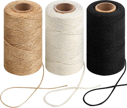 984 Ft Twine String, Natural Jute Twine, 2mm White Cotton Rope, 10ply Black for Crafts, Art, Gardening Plants, Gift Wrapping, Decoration, Packing String Bulk(3 Rolls) - 3 Rolls