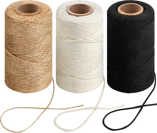 984 Ft Twine String, Natural Jute Twine, 2mm White Cotton Rope, 10ply Black for Crafts, Art, Gardening Plants, Gift Wrapping, Decoration, Packing String Bulk(3 Rolls) - 3 Rolls
