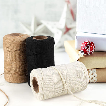 984 Ft Twine String, Natural Jute Twine, 2mm White Cotton Rope, 10ply Black for Crafts, Art, Gardening Plants, Gift Wrapping, Decoration, Packing String Bulk(3 Rolls) - 3 Rolls