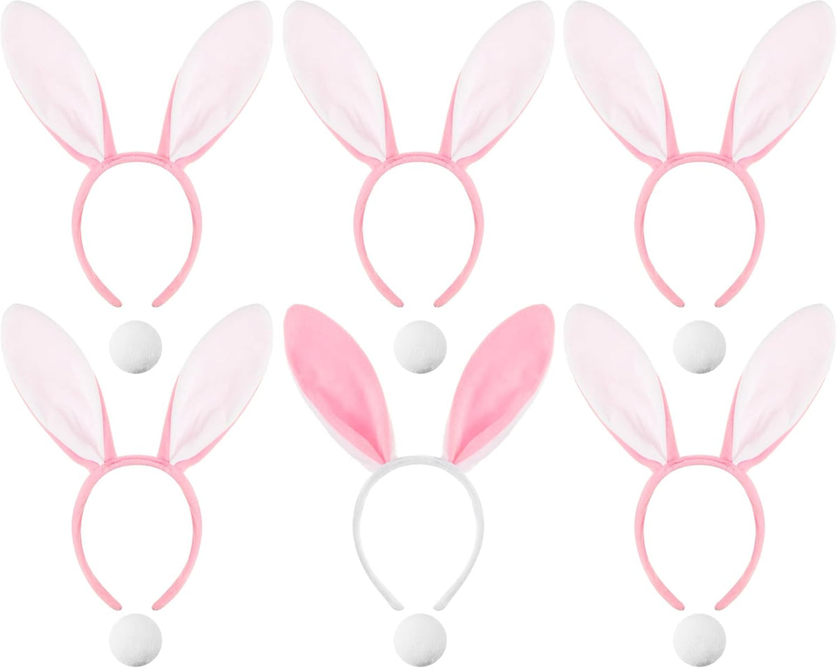 6 Sets Easter Bunny Ears Headbands and Tail, Long Furry Plush Rabbit Ear Headband for Bachelorette Wedding Cosplay White -