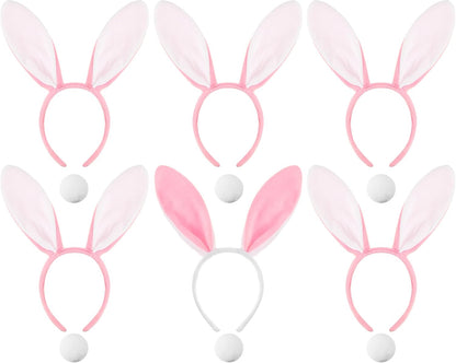 6 Sets Easter Bunny Ears Headbands and Tail, Long Furry Plush Rabbit Ear Headband for Bachelorette Wedding Cosplay White -