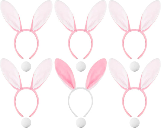 6 Sets Easter Bunny Ears Headbands and Tail, Long Furry Plush Rabbit Ear Headband for Bachelorette Wedding Cosplay White -