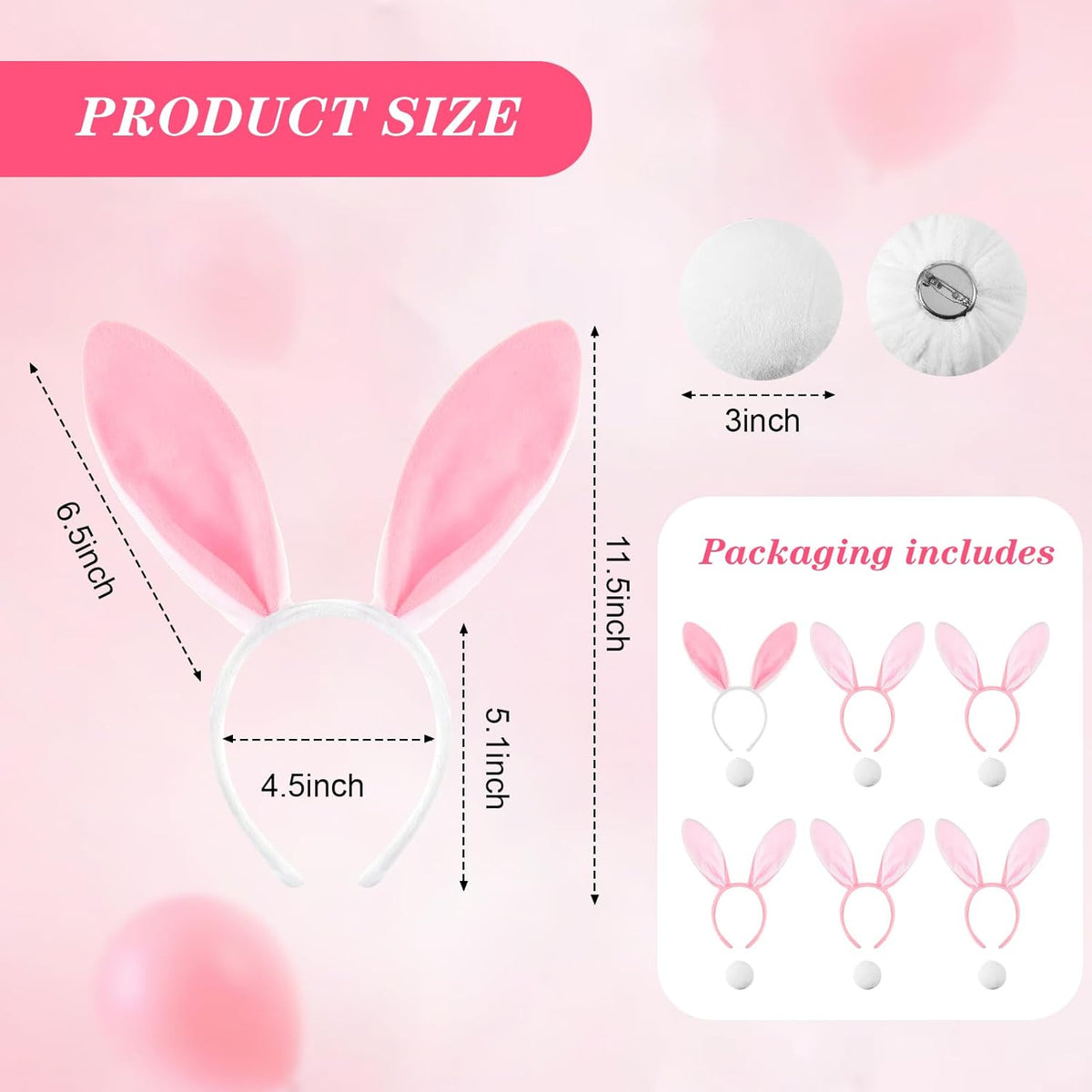 6 Sets Easter Bunny Ears Headbands and Tail, Long Furry Plush Rabbit Ear Headband for Bachelorette Wedding Cosplay White -
