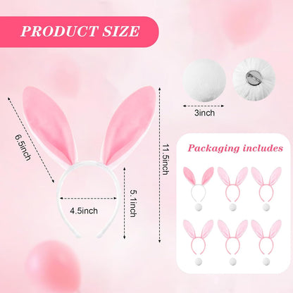 6 Sets Easter Bunny Ears Headbands and Tail, Long Furry Plush Rabbit Ear Headband for Bachelorette Wedding Cosplay White -