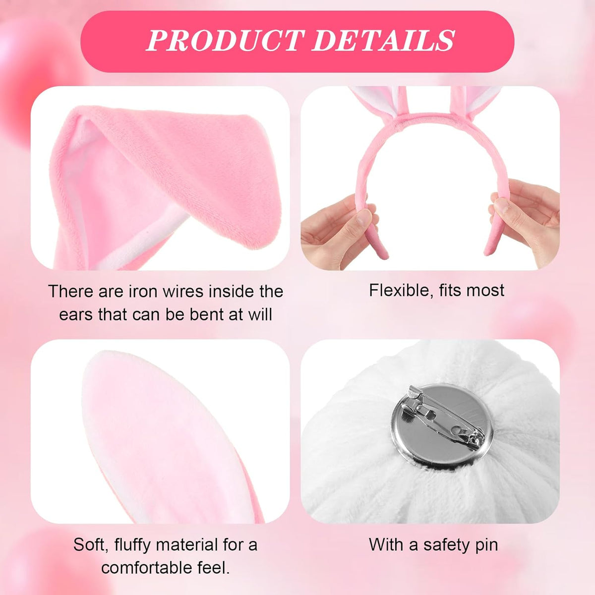 6 Sets Easter Bunny Ears Headbands and Tail, Long Furry Plush Rabbit Ear Headband for Bachelorette Wedding Cosplay White -