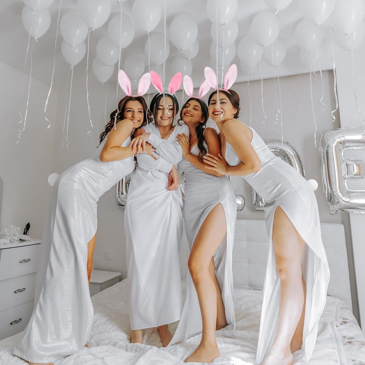 6 Sets Easter Bunny Ears Headbands and Tail, Long Furry Plush Rabbit Ear Headband for Bachelorette Wedding Cosplay White -