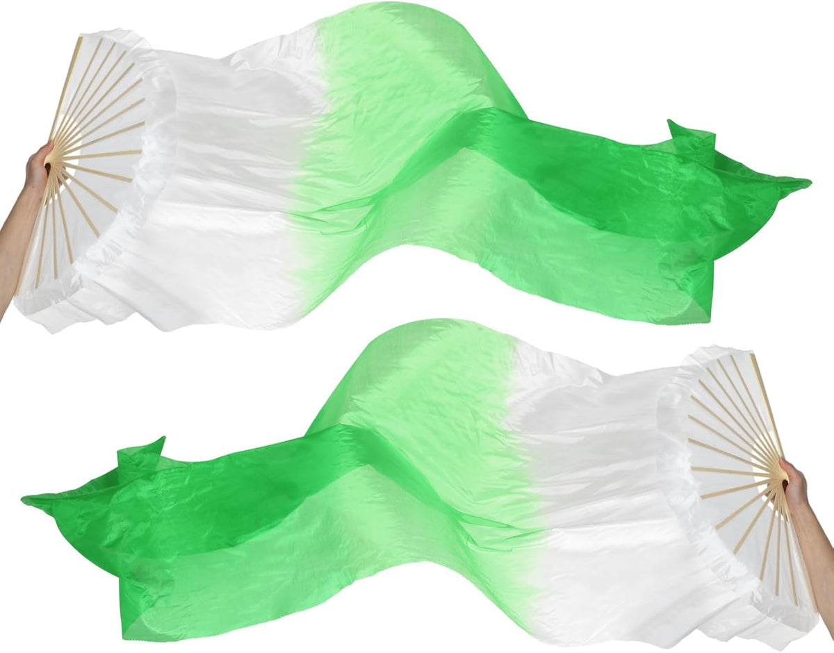 16 Fan Belly Dance Silk Veil 59", 1 Pair (Left+Right) Women Long Folding Wood for Performance, White Green 59"