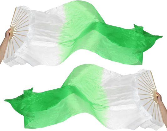 16 Fan Belly Dance Silk Veil 59", 1 Pair (Left+Right) Women Long Folding Wood for Performance, White Green 59"
