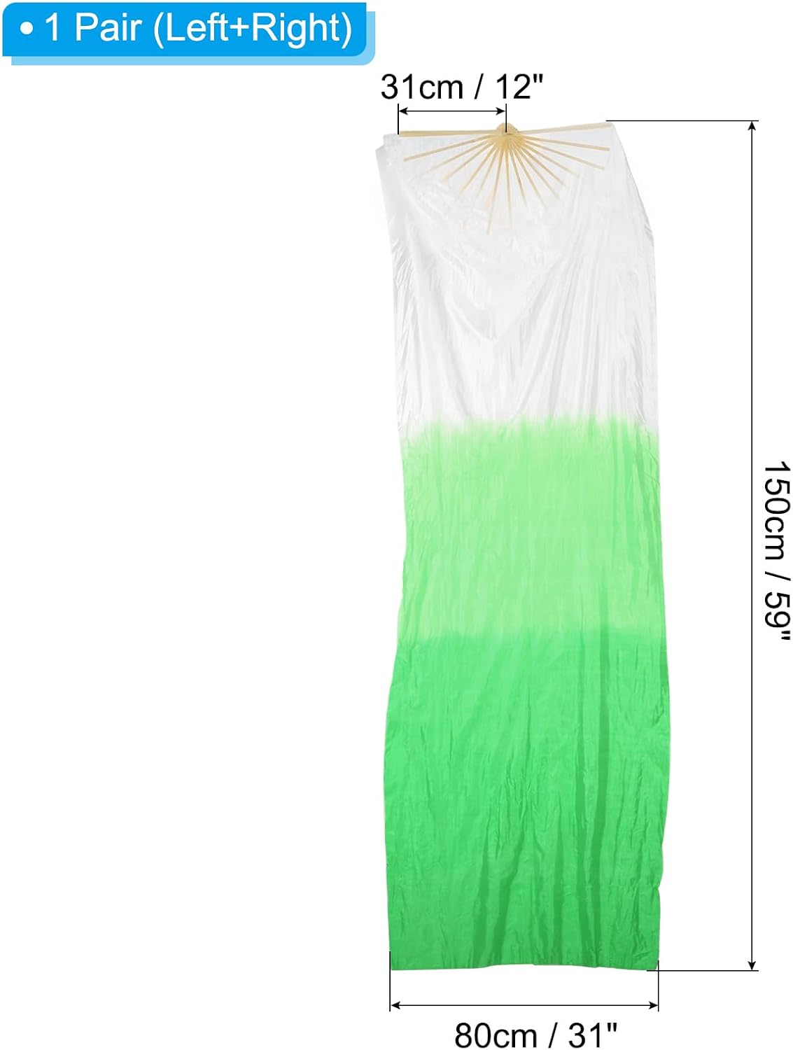 16 Fan Belly Dance Silk Veil 59", 1 Pair (Left+Right) Women Long Folding Wood for Performance, White Green 59"