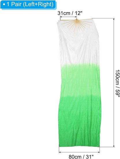 16 Fan Belly Dance Silk Veil 59", 1 Pair (Left+Right) Women Long Folding Wood for Performance, White Green 59"