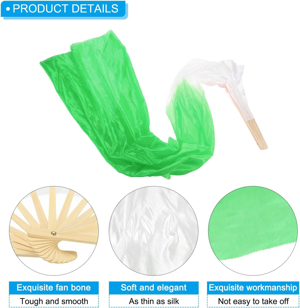 16 Fan Belly Dance Silk Veil 59", 1 Pair (Left+Right) Women Long Folding Wood for Performance, White Green 59"