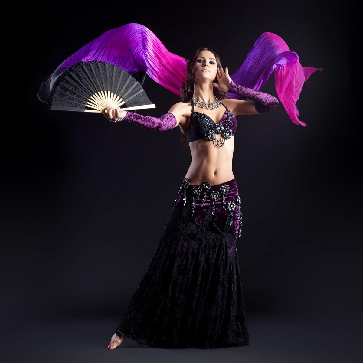 16 Fan Belly Dance Silk Veil 59", 1 Pair (Left+Right) Women Long Folding Wood for Performance, White Green 59"