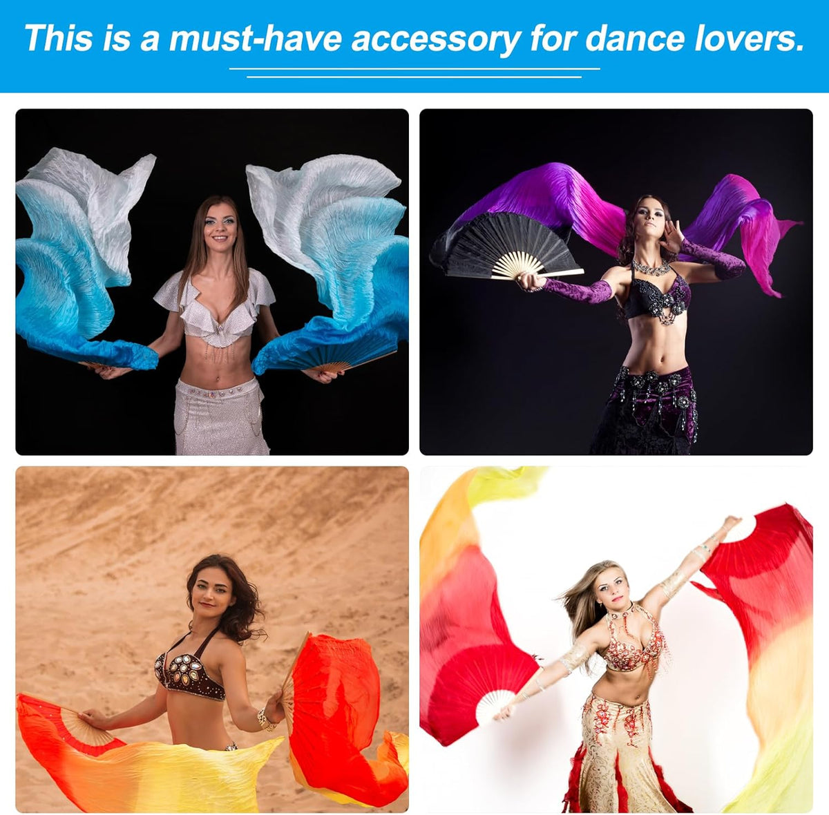 16 Fan Belly Dance Silk Veil 59", 1 Pair (Left+Right) Women Long Folding Wood for Performance, White Green 59"