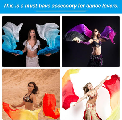 16 Fan Belly Dance Silk Veil 59", 1 Pair (Left+Right) Women Long Folding Wood for Performance, White Green 59"